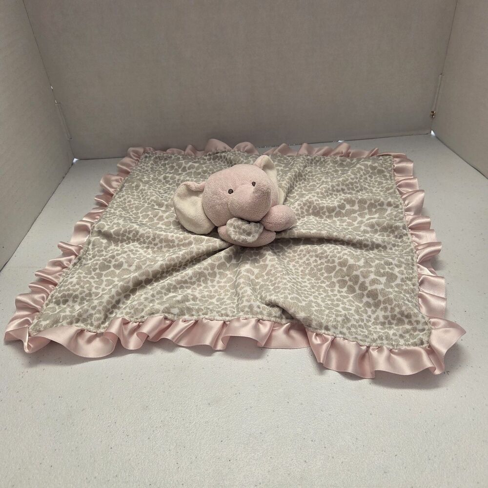 Carters Pink Tan Satin Hearts Elephant Security Blanket Rattle Lovey Lovie 15"